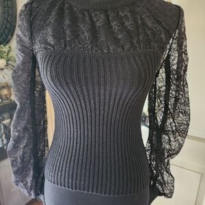 Womens Express Lace Balloon Sleeve Black Top Size Small